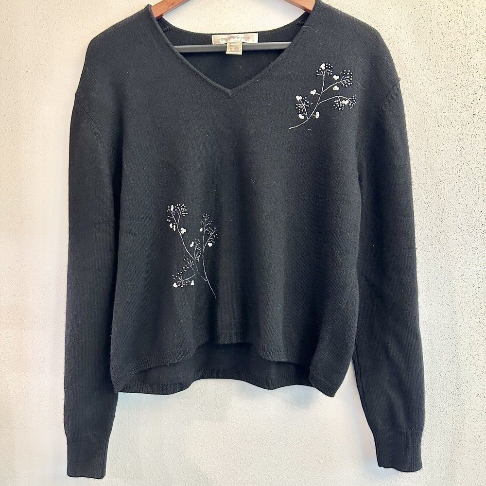 VTG 90s Black Jones New York BOHO beaded tree branch pullover wool sweater SZ XL